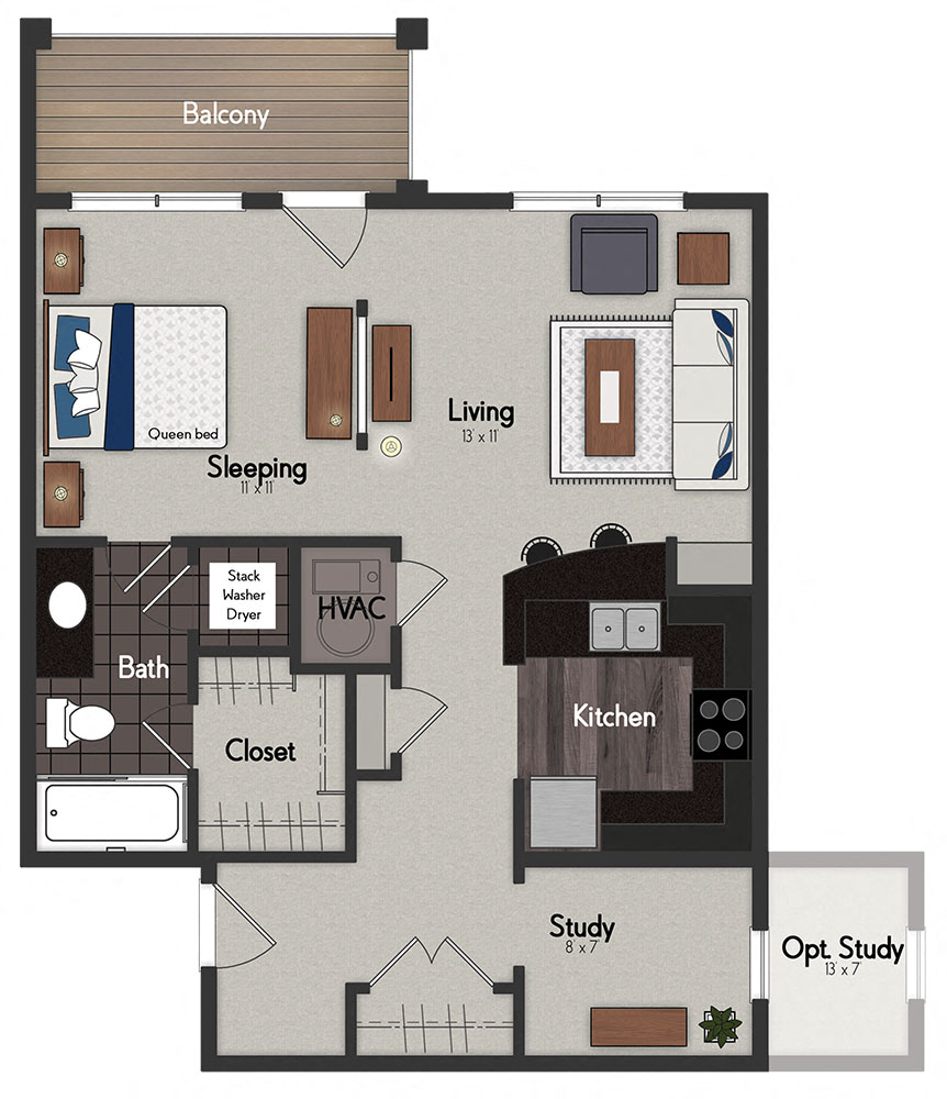 Floor plan for studio, 739 sqft